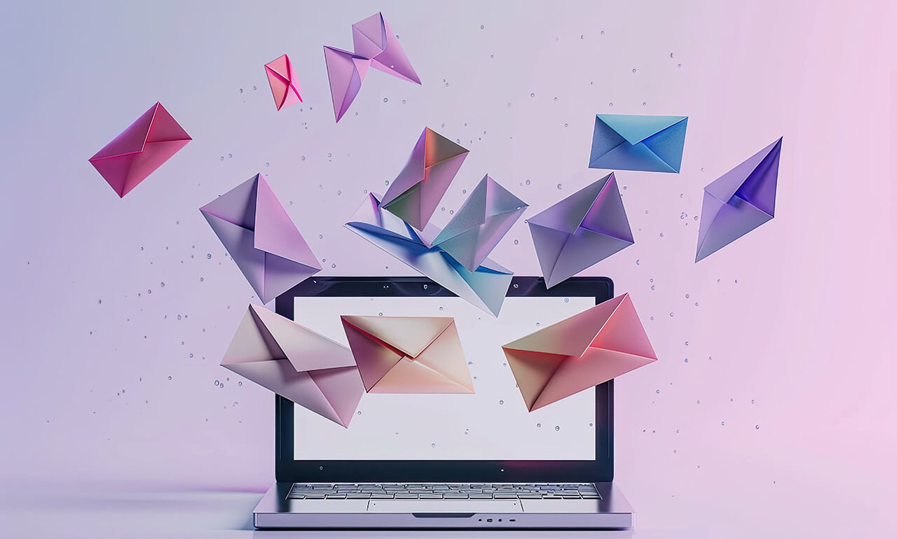 An open laptop with envelopes flying towards it.