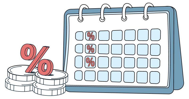 Illustration of a calendar with coins and a percent sign.
