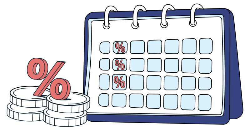 Illustration of a calendar with coins and a percent sign.