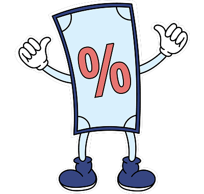 An illustration of a banknote with two arms, two legs and a per cent sign on its chest.