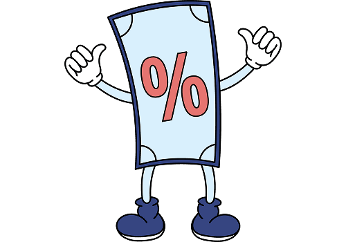 An illustration of a banknote with two arms, two legs and a per cent sign on its chest.