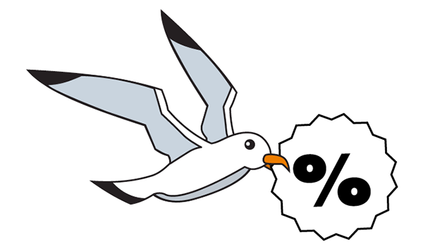 An illustration of a seagull with a per cent sign in its beak.