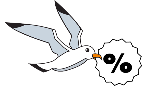 An illustration of a seagull with a per cent sign in its beak.