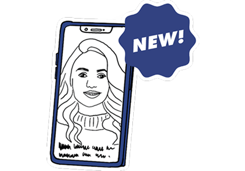 An illustration of a smartphone showing a smiling woman on the screen.