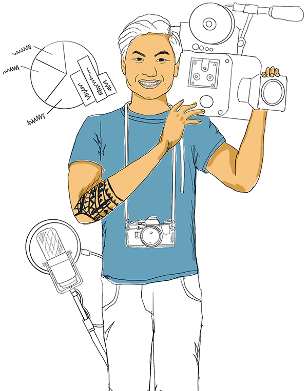 A man with camera, microphone and a pie chart