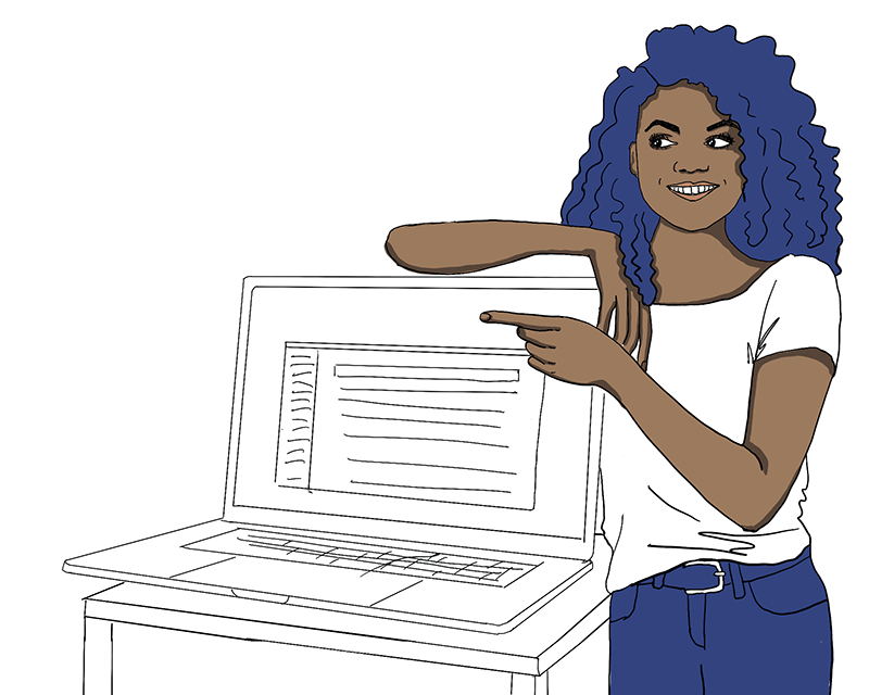 A woman pointing at a large laptop.