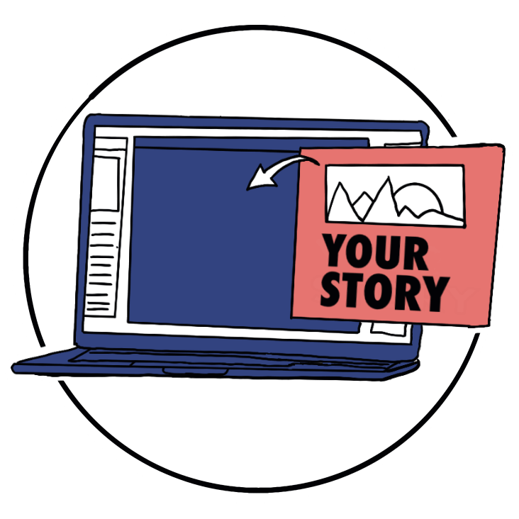 Laptop view with a popup that says your story.