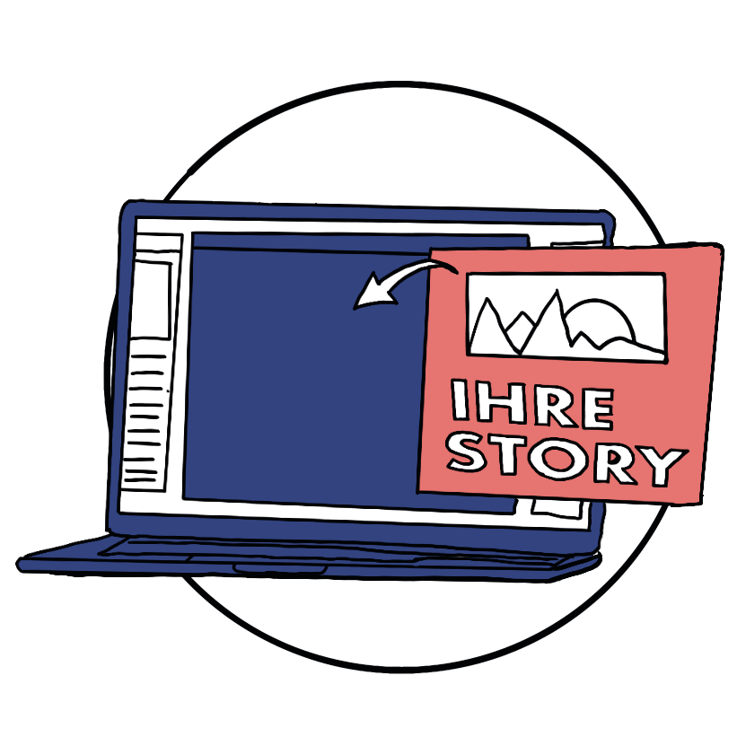 Laptop view with a popup that says your story.