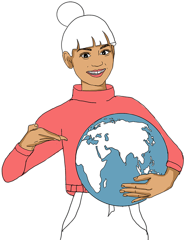 A woman holding a globe in her hands.