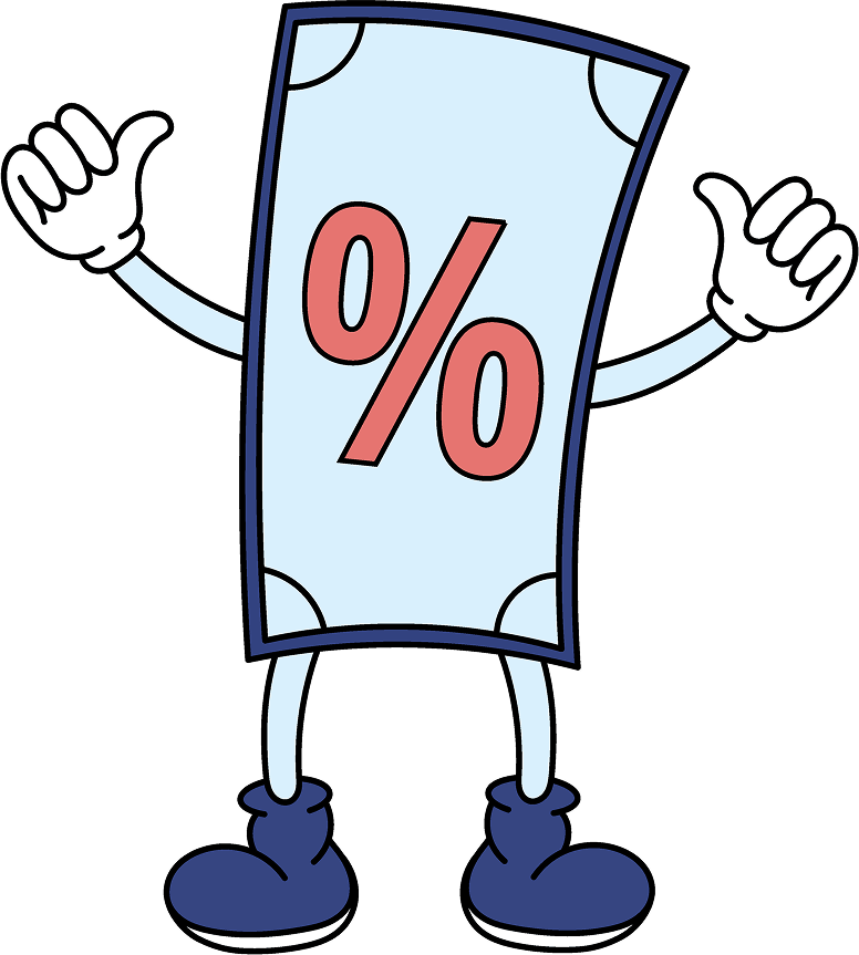 An illustration of a banknote with two arms, two legs and a per cent sign on its chest.