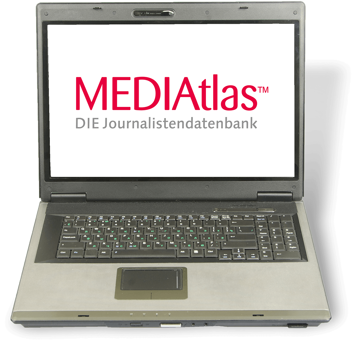 An old laptop with the title MEDIAtlas – THE Journalists Database' on it.