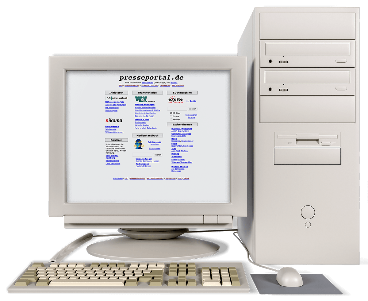 A computer displaying the Presseportal website on its monitor in 1997.